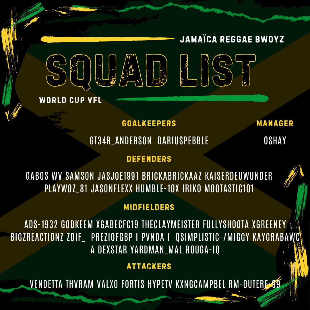Well done To the 33 Man Reggae Bwoyz squad EAFC 24 Squad for <a href="/TheVFL_/">VFL</a> S62 World Cup 

Group D 
Jamaica 🇯🇲 
Spain 🇪🇸 
Portugal 🇵🇹 
Netherlands 🇳🇱