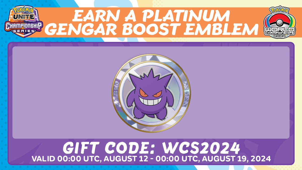 UniteVids's tweet photo. 🎁NEW CODE🎁

➡️WCS2024 (X1 Gengar Platinum Emblem) 

-Available from August 12 to August 19-

#Pokemon #PokemonUnite https://t.co/OwqTHkMB3G