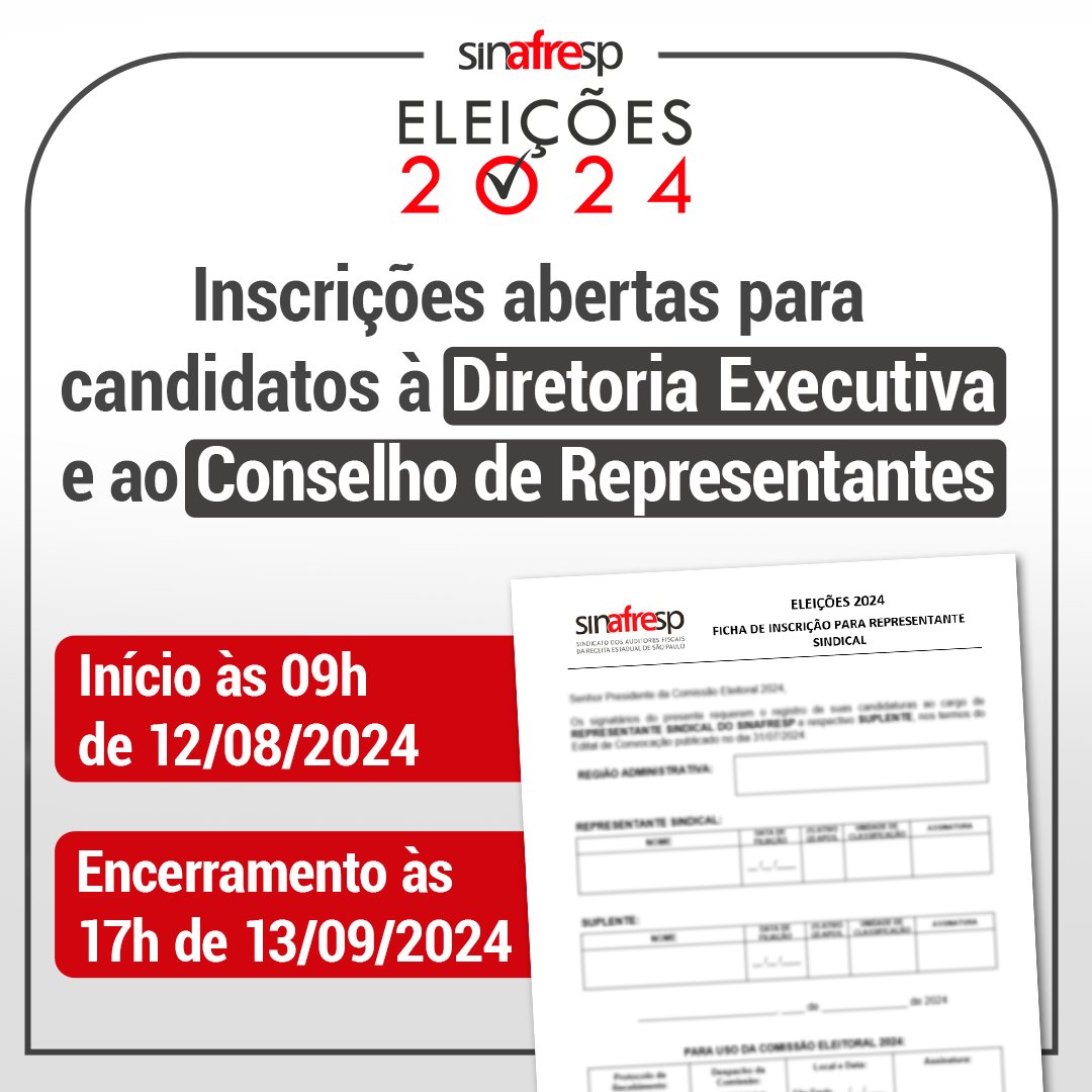 Estão abertas as inscrições de candidatos e candidatas à Diretoria Executiva e ao Conselho de Representantes do Sinafresp!

Acesse a página das Eleições Sinafresp 2024 e saiba como participar: sinafresp.org.br/eleicoes-2024