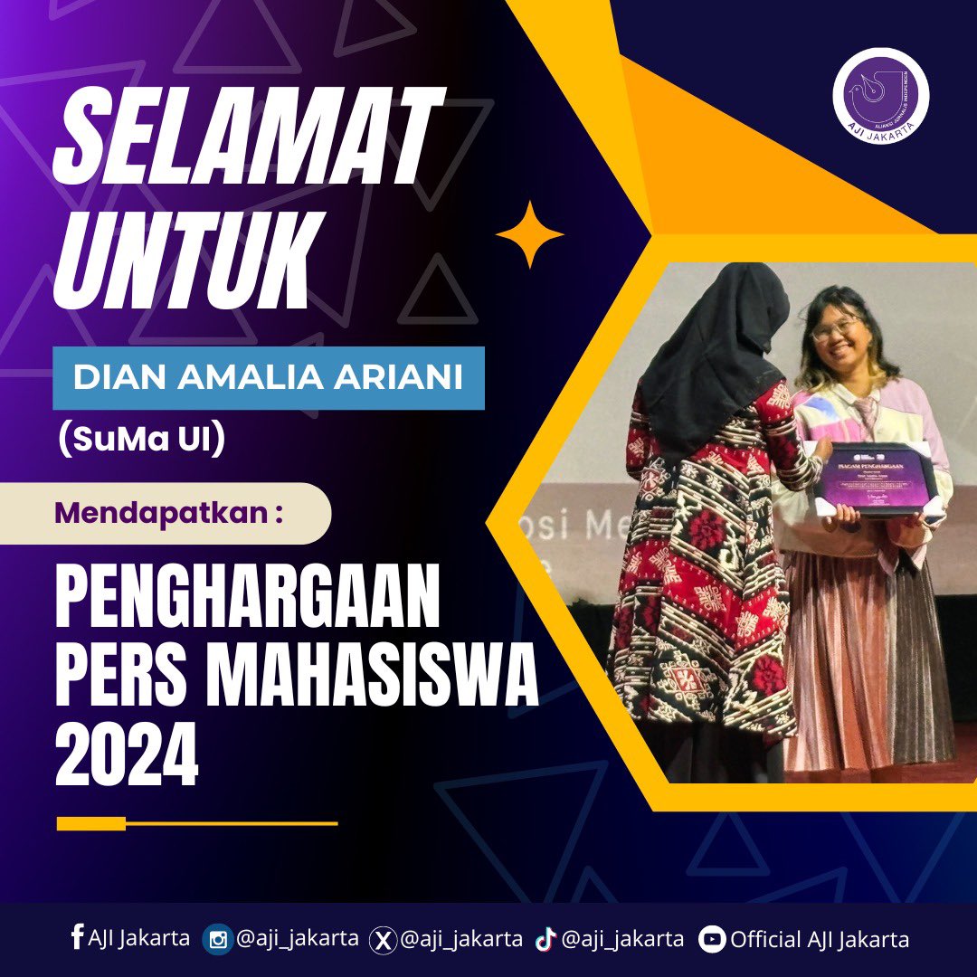 Selamat untuk Francisca Christy Rosana (Podcast Bocor Alus Politik) mendapatkan Udin Award 2024 dan Dian Amalia Ariani (SuMa UI) mendapatkan Penghargaan Pers Mahasiswa 2024.