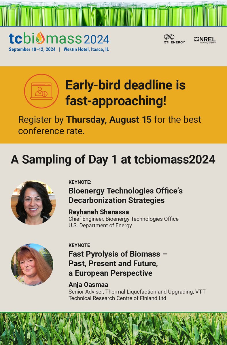 Kick off #tcbiomass2024 with keynotes on decarbonization strategies and fast biomass pyrolysis, plus sessions on bioLPG production, project due diligence, &amp; pyrolysis technology.

⌛One week left for early-bird rates! Save on your registration now: gti.energy/training-event…