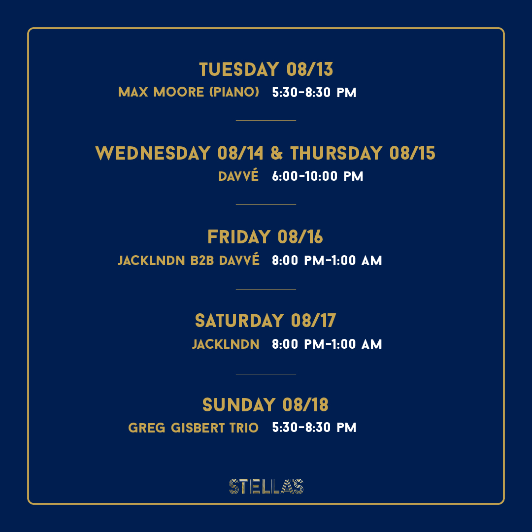 STELLA'S music lineup for August!⁠
⁠
Reserve your table now and get ready to enjoy the end of summer with us! ⁠#seeyouatstellas⁠
⁠
#LiveMusic #StellasCucina #Aperitivo #happyhour #latenight #dj #finedinning #bouldercolorado #StellasCucina  #music #thingstodo