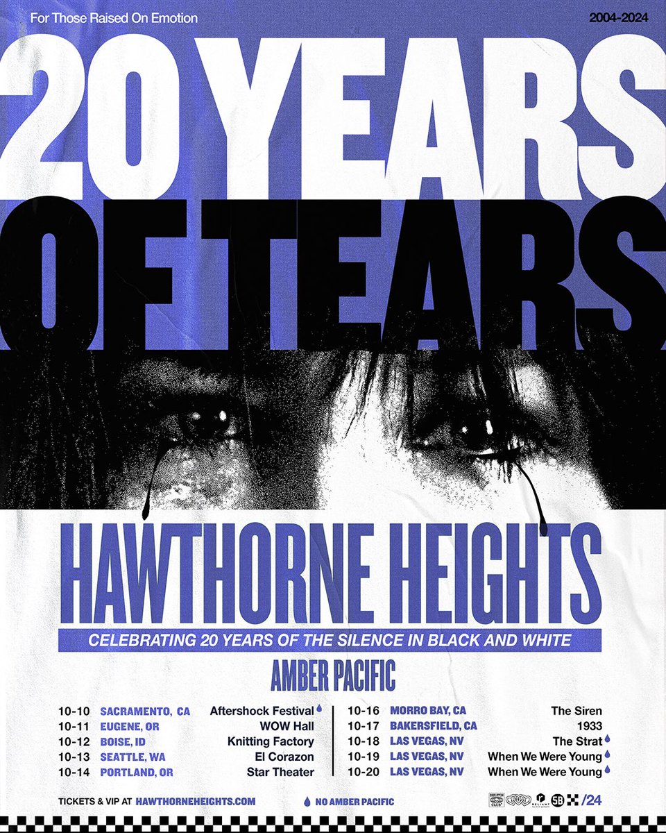 20 Years of Tears in the Western US is on sale! We heard all of you who wanted to celebrate 20 years of ‘The Silence in Black and White’ so we’re bringing the tour to the PNW, Idaho, and some of our favorite CA venues. Tix + VIP avail now at hawthorneheights.com