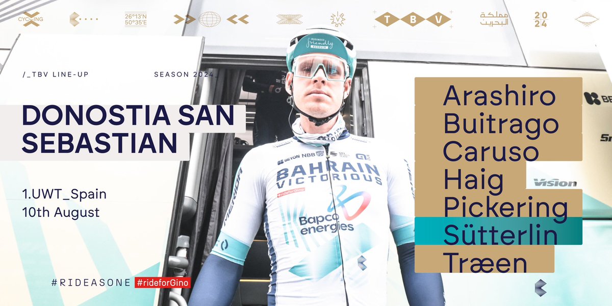 Team Bahrain Victorious (@bhrvictorious) on Twitter photo 📣 Here’s our team for <a href="/dklasikoa/">Donostiako Klasikoa</a>
🇯🇵 <a href="/YukiyaArashiro/">Yukiya Arashiro</a>
🇨🇴 <a href="/SantiagoBS26/">Santiago Buitrago Sanchez</a>
🇮🇹 <a href="/CarusoDamiano/">Damiano Caruso</a>
🇦🇺 <a href="/jackhaig93/">Jack Haig</a>
🇬🇧 <a href="/Fin_Pickering/">Finlay Pickering</a>
🇩🇪 <a href="/JashaStterlin/">jasha sütterlin</a>
🇳🇴 <a href="/Torsteintren/">Torstein Træen</a>
#RideAsOne #rideforGino #Klasikoa2024
🔗 bit.ly/4dknfyq 📣 Here’s our team for <a href="/dklasikoa/">Donostiako Klasikoa</a>
🇯🇵 <a href="/YukiyaArashiro/">Yukiya Arashiro</a>
🇨🇴 <a href="/SantiagoBS26/">Santiago Buitrago Sanchez</a>
🇮🇹 <a href="/CarusoDamiano/">Damiano Caruso</a>
🇦🇺 <a href="/jackhaig93/">Jack Haig</a>
🇬🇧 <a href="/Fin_Pickering/">Finlay Pickering</a>
🇩🇪 <a href="/JashaStterlin/">jasha sütterlin</a>
🇳🇴 <a href="/Torsteintren/">Torstein Træen</a>
#RideAsOne #rideforGino #Klasikoa2024
🔗 bit.ly/4dknfyq