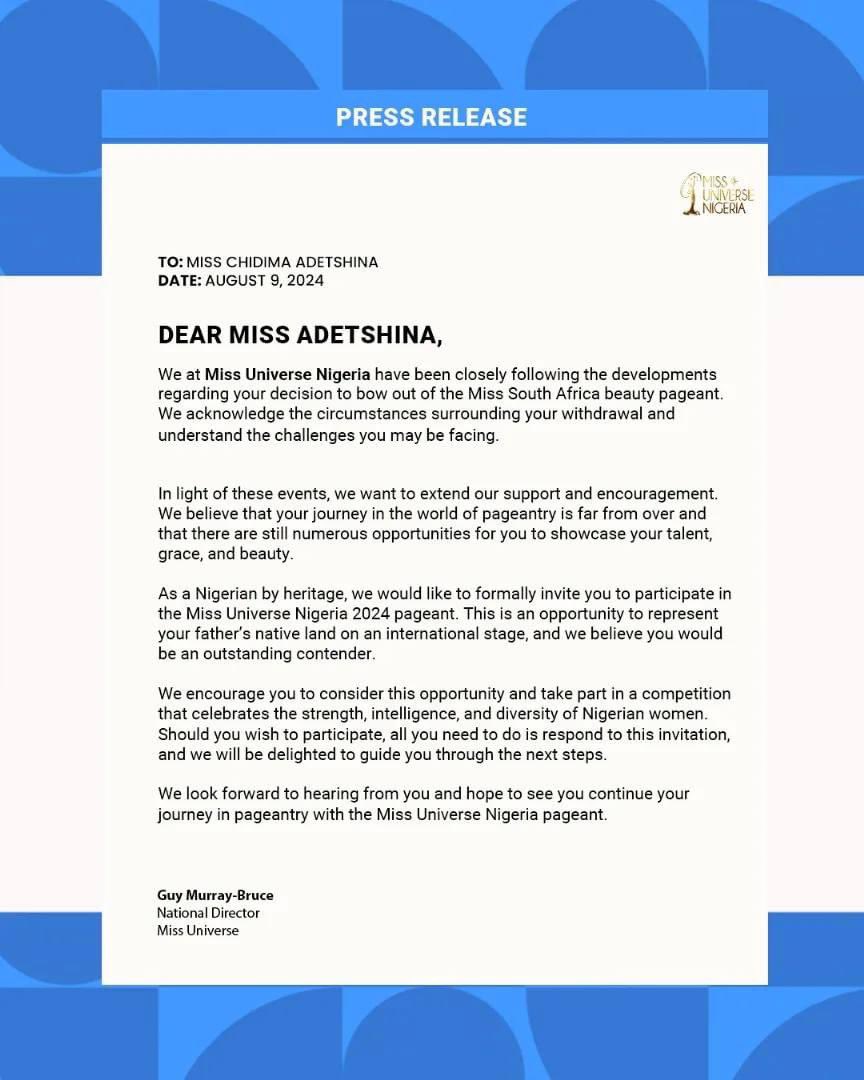 The Miss Universe Nigeria pageant opens its doors to Chidimma Adentshina by sending an invitation to participate in their upcoming 2024 pageant. This comes after her withdrawal from the Miss South Africa contest due to recent events.