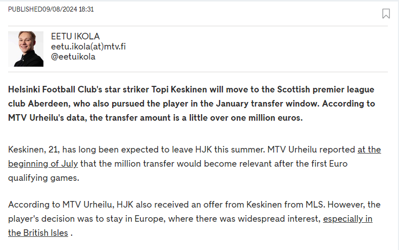 Look done, Keskinen to Aberdeen 1m+ euros.