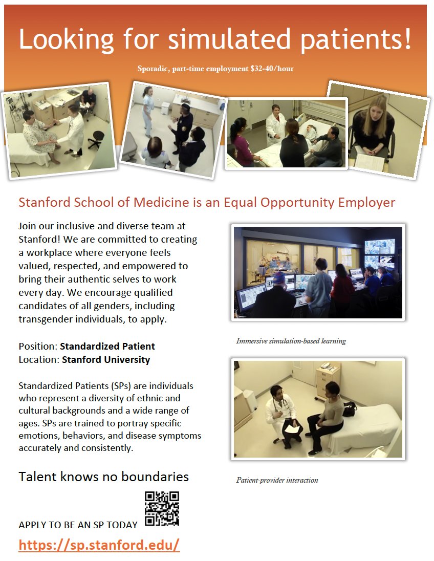 .<a href="/StanfordCISL/">Stanford CISL</a>  is hiring simulated patient actors for the upcoming academic year

Monolingual patients $32/hr
Bilingual patients + interpreters $40/hr

Send a recent photo and resume by clicking on “Apply to be an SP”: sp.stanford.edu 

#simulation #MedEd #SP