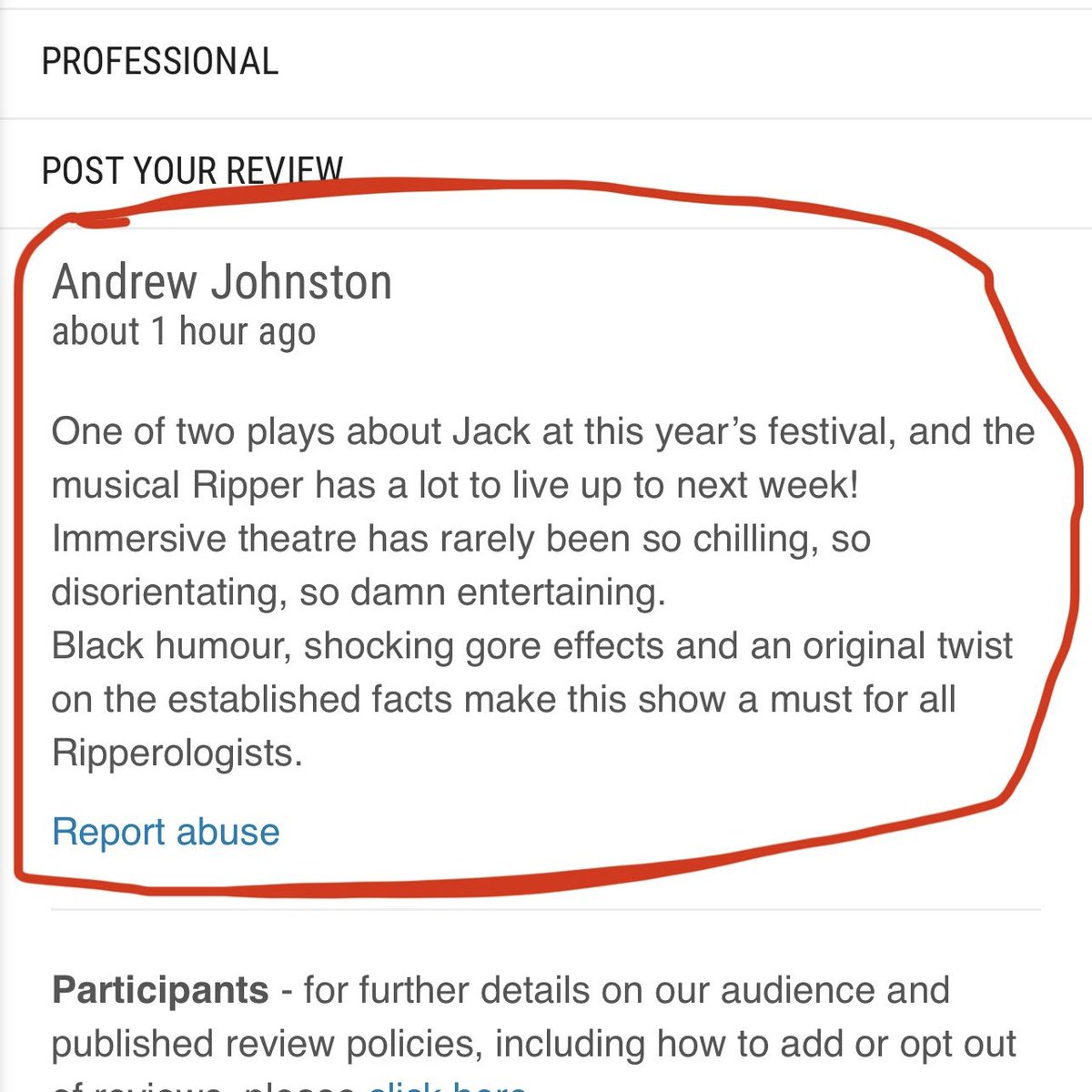 In addition to 5* (Derek Awards), 4* (Fernylough Arts Review) and 4* (NorthwestendUK), audiences love #RipperPlay. Here’s what they’re saying. 

Only two more chances to catch us at #edfringe. <a href="/Cvenues/">C ARTS | C venues</a> Aquila 14:35 daily.