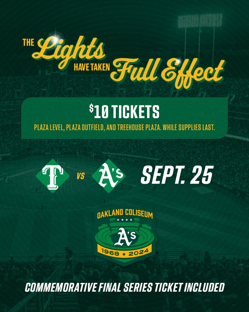 Athletics's tweet photo. Celebrate good times 💚💛

Join us for the final homestand at the Coliseum: https://t.co/MHGHIZfQwq https://t.co/7VzNNJ11BL