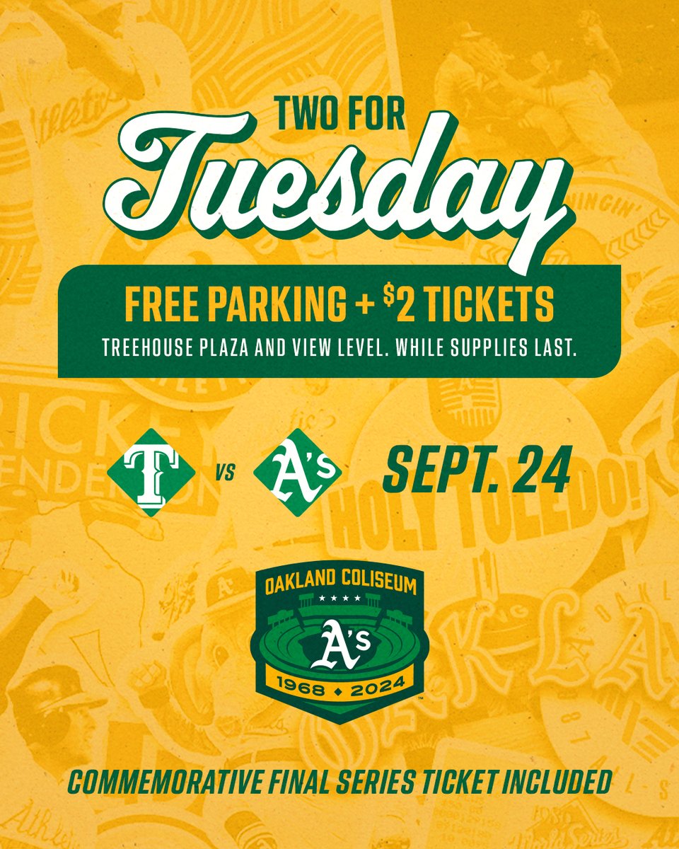 Athletics's tweet photo. Celebrate good times 💚💛

Join us for the final homestand at the Coliseum: https://t.co/MHGHIZfQwq https://t.co/7VzNNJ11BL