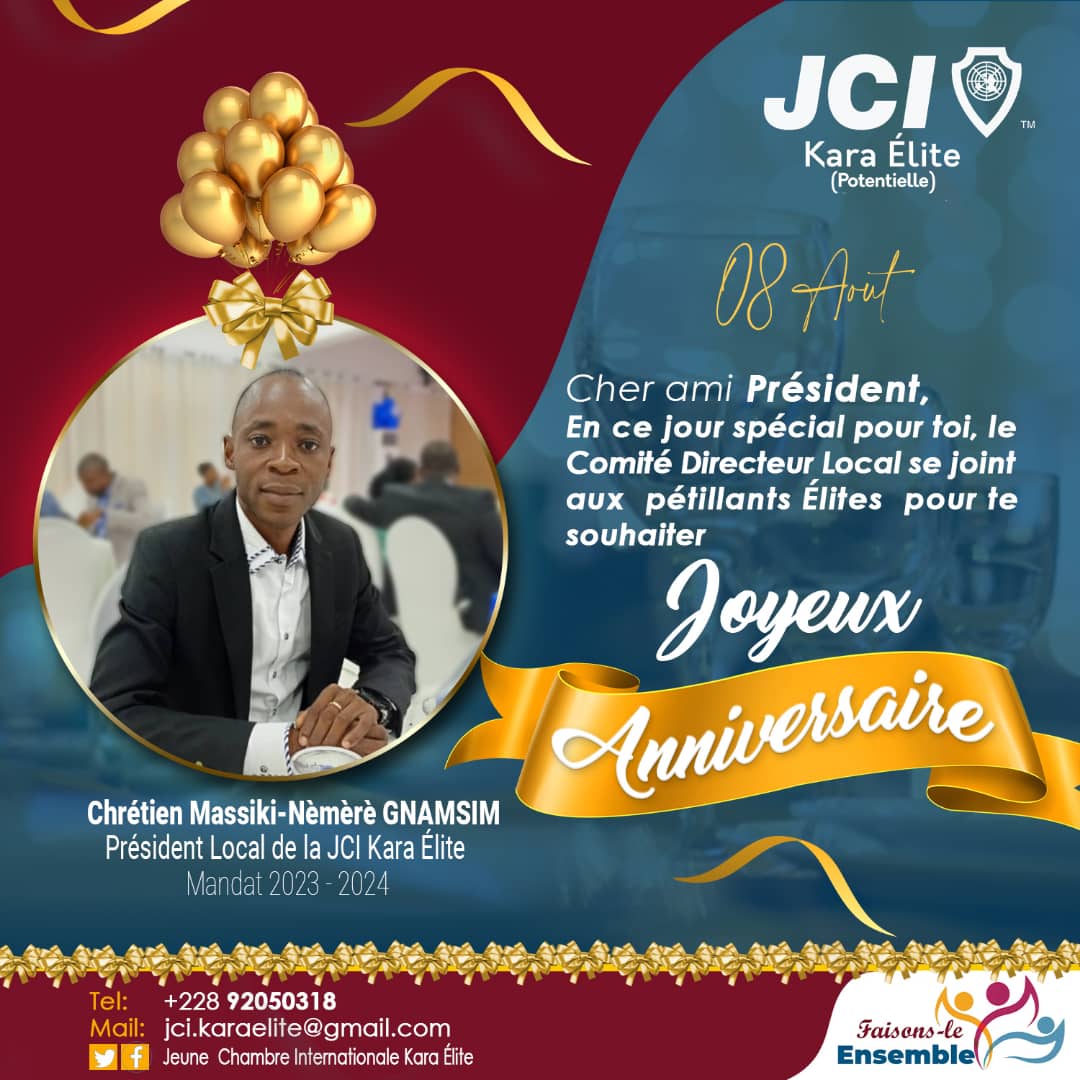 Aujourd'hui la #JCIkaraÉlite potentiel célèbre l'anniversaire de l'ami Chrétien Massiki-Nèméré GNAMSIM  président local de la Jeune Chambre. Merci à vous pour votre dévouement et votre engagement. 

#BIRTHDAY