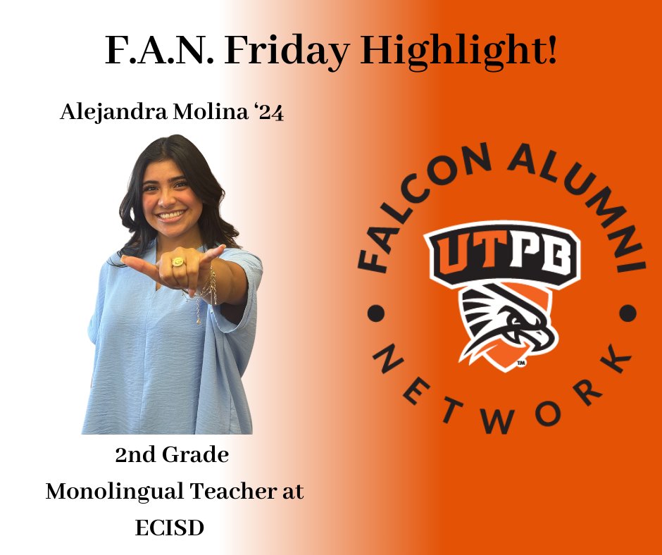 Happy Friday Falcons!  This week, we’re shining the spotlight on Class of 2024 graduate Alejandra Molina! 

With a Bachelor's degree in Education, she’s now shaping young minds as a 2nd Grade Monolingual Teacher at ECISD.  

To read the full story, click the link in our bio!