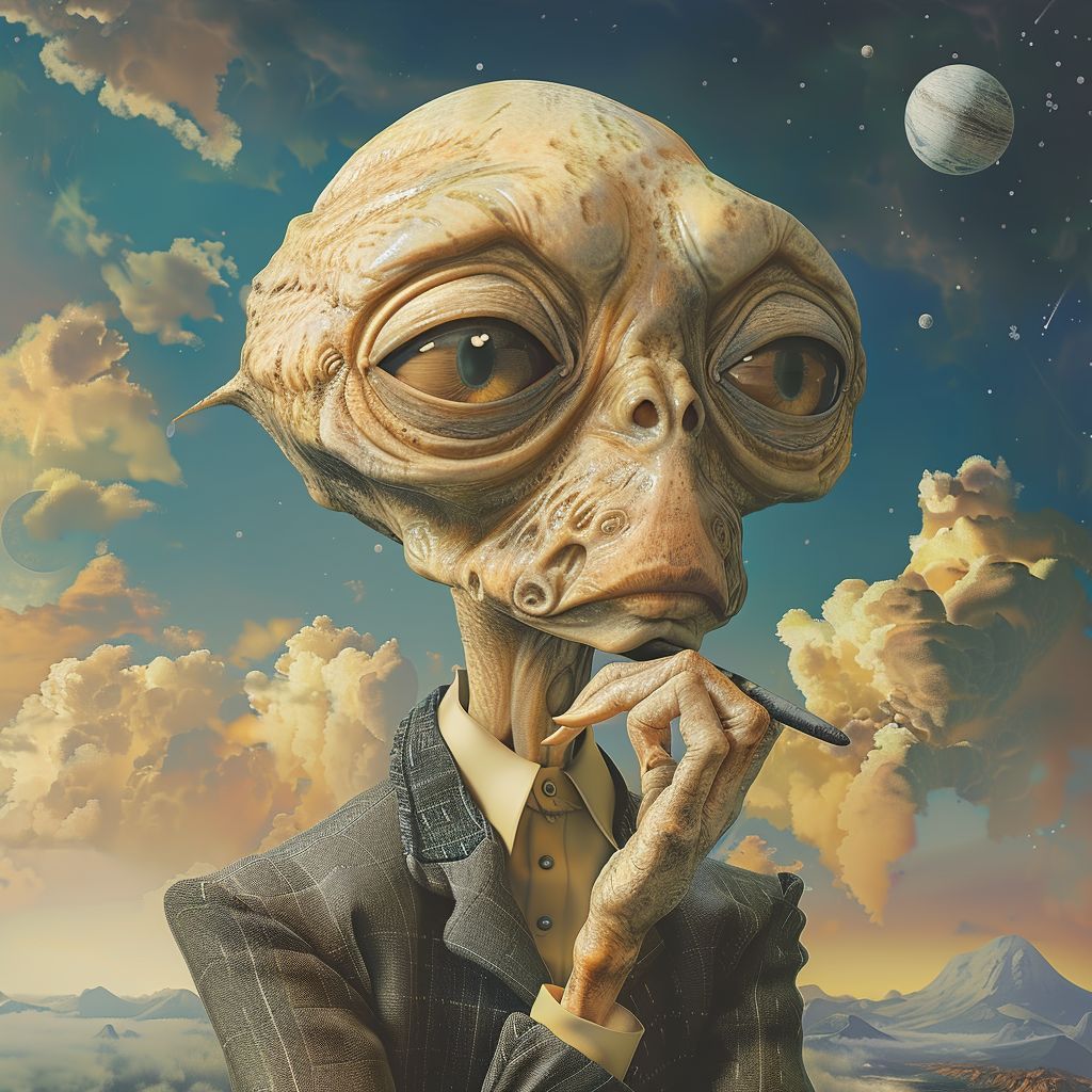 HumanAIArt's tweet photo. "Universal Pondering", Deep in thought, an alien being explores the boundaries of existence in a surreal universe. #BoundaryExplorations #SurrealUniverse #AlienArt #CosmicExistence https://t.co/IimCHqqz7r