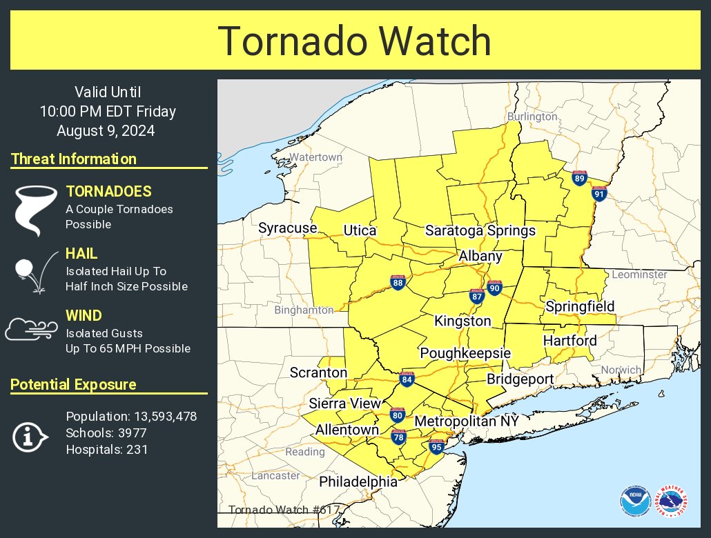 A tornado watch has been issued for parts of Connecticut, Massachusetts, New Jersey, New York, Pennsylvania and Vermont until 10 PM EDT