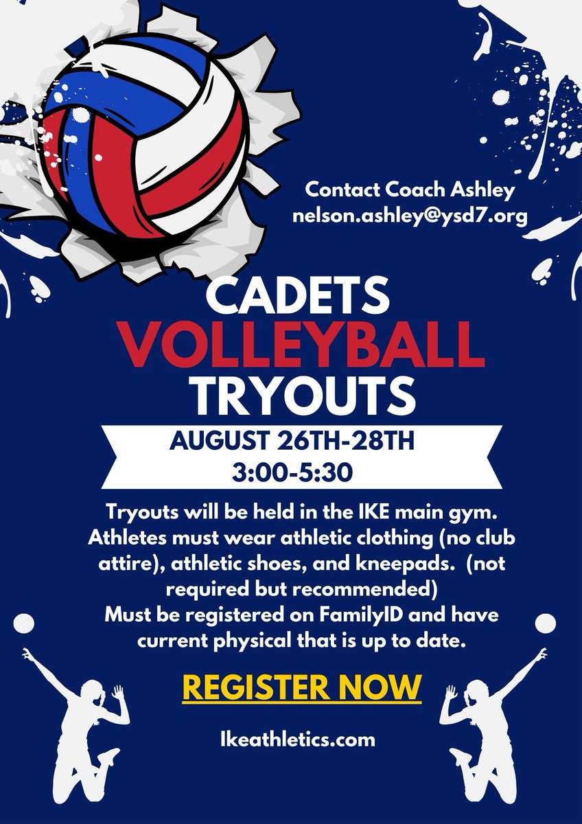 TheMightyCadets's tweet photo. Volleyball Tryouts are coming up on the 26th of August! Sign up now! 
Contact Coach Ashley with any questions! 

¡Las pruebas de voleibol se realizarán el 26 de agosto! ¡Regístrate ahora! 
¡Comuníquese con la entrenadora Ashley si tiene alguna pregunta! https://t.co/uXQeH1U389