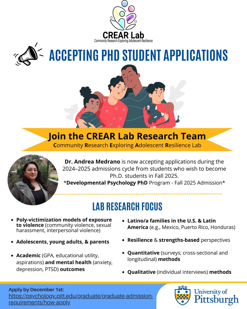 LabCREAR's tweet image. The CREAR Lab is accepting PhD student applications from students who wish to start in Fall 2025! Please apply by December 1st.
Learn more here: psychology.pitt.edu/graduate/gradu…
#PhDRecruitment #JoinOurLab #AcademicJobs #ResearchOpportunity #GradSchoolOpportunities #AcademicTwitter