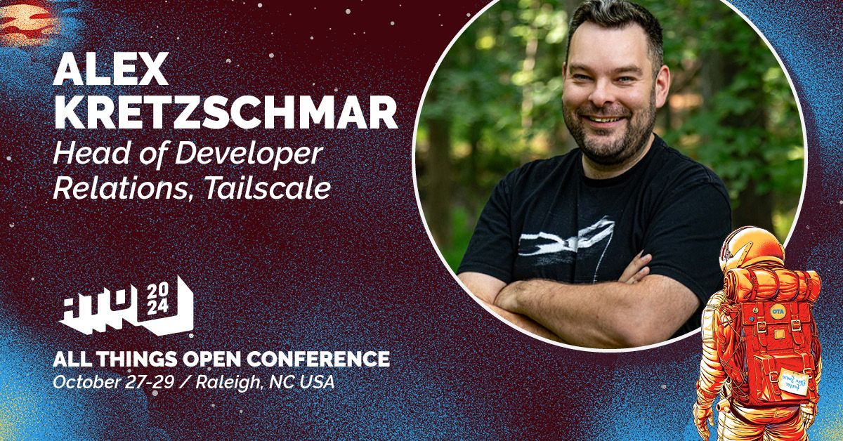 We're thrilled to have Alex Kretzschmar (@ironicbadger), Head of Developer Relations for @tailscale, presenting "Access self-hosted services securely from anywhere" at #AllThingsOpen! buff.ly/3AmnWbW