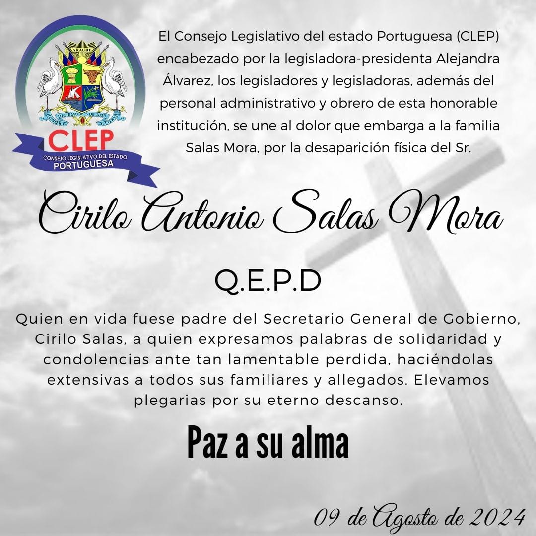 El CLEP encabezado por la legisladora-presidenta Alejandra Álvarez, se une al dolor que embarga a la familia Salas Mora, por la desaparición física del señor Corilo Antonio Salas Mora, quien en vida fuera padre del Sectario General de Gobierno Cirilo Salas. 

Paz a su Alma