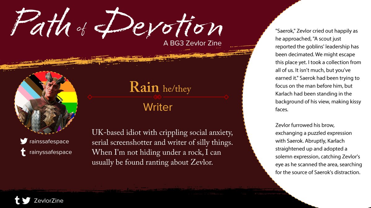 Welcome <a href="/RainsSafeSpace/">Rain the Zevlover</a> as one of our zine writers! You should check out their Zevlor screenshots when you get a chance!
#bg3 #zevlor