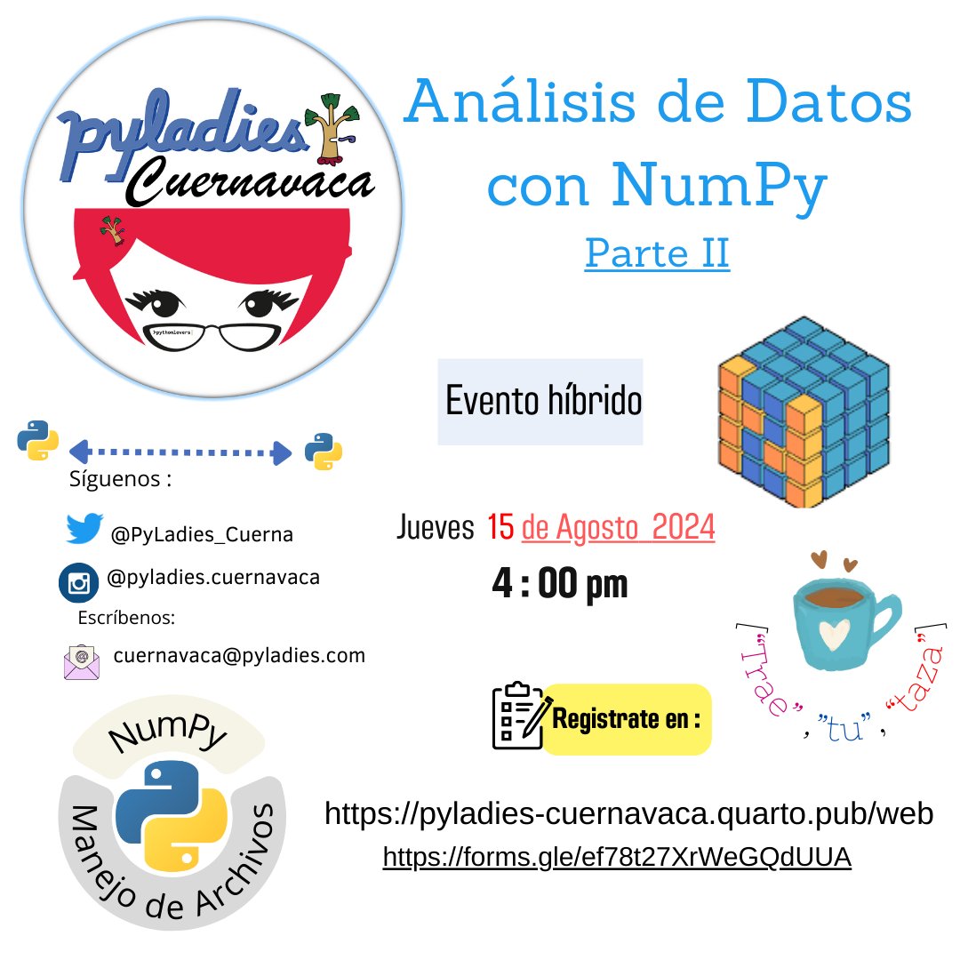 PyLadies_Cuerna's tweet image. ¿Estan listxs para el siguiente taller?. Estimada comunidad #pythonlover les invitamos a la segunda parte del taller de NumPy. Registren en docs.google.com/forms/d/e/1FAI…