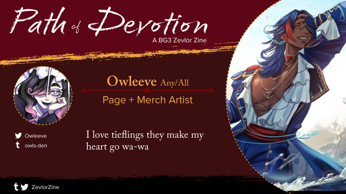 Next up is our page and merch artist <a href="/Owleeve/">Owleeve</a> ! Owl will be creating a bookmark and page artwork for the zine! We can't wait!
#bg3 #zevlor