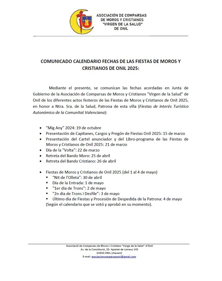 Calendario fechas actos festeros de las #Fiestas de #MorosyCristianos de #Onil 2025
<a href="/OnilTurismo/">Onil Turismo</a> #morosicristians #festes