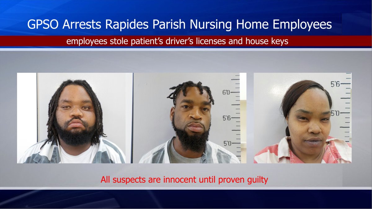 An ongoing investigation has revealed that two Rapides Parish nursing home employees allegedly stole patient driver's licenses and house keys. 

These items were then provided to two accomplices who subsequently carried out the burglary.
More:-> tinyurl.com/mutabv9z
