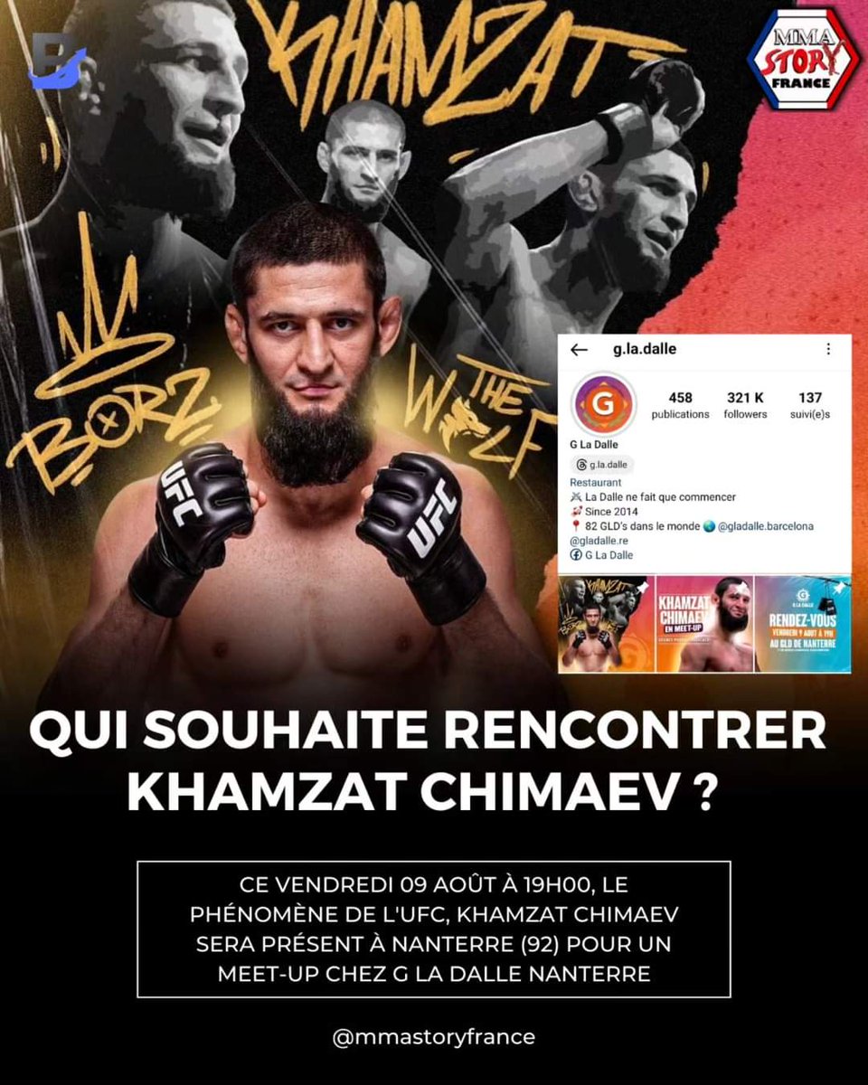 Qui est sur place pour rencontrer <a href="/KChimaev/">Khamzat Chimaev</a> au <a href="/GLaDalle_Off/">G La Dalle</a> à #nanterre ? #mma #ufc