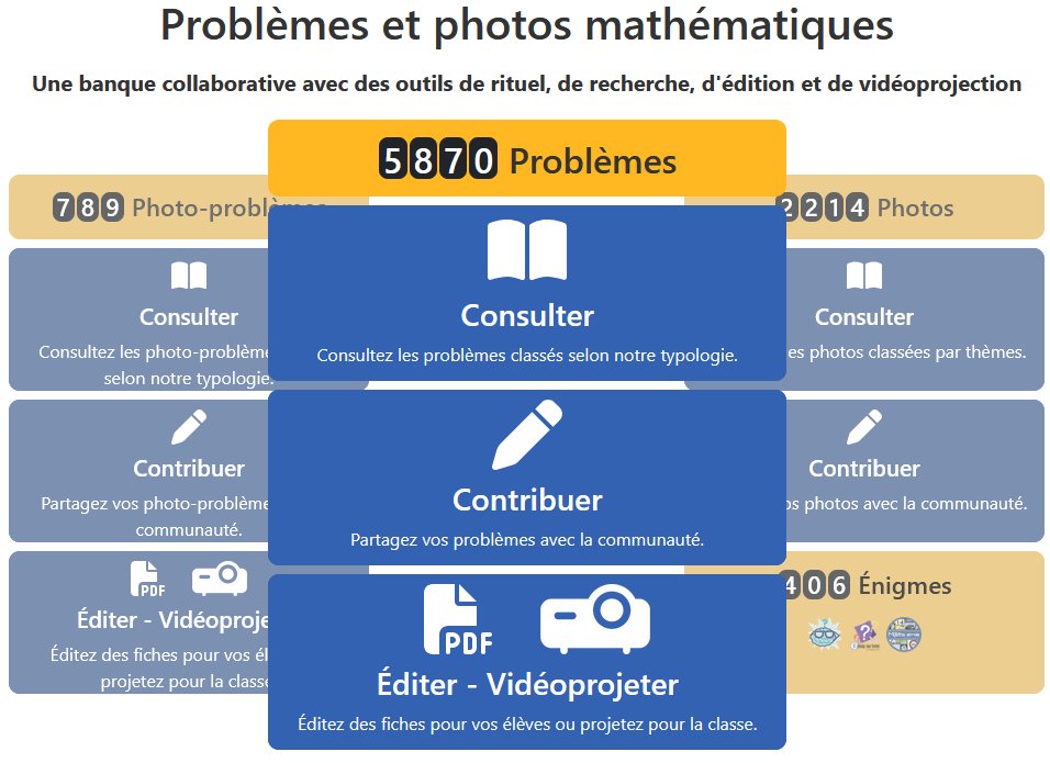 Notre banque collaborative en quelques chiffres :
✅ 789 photo-problèmes
✅ 5870 problèmes
✅ 2214 photos
✅ 9279 contributions
✅ 7001 utilisateurs enregistrés : 
✅ 152869 visites

Vous aussi, contribuez et piochez, c'est GRATUIT !

▶️ mathsenvie.fr/banque/