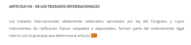 Fransamani's tweet photo. ARTICULO 141 - DE LOS TRATADOS INTERNACIONALES
Los tratados internacionales válidamente celebrados, aprobados por ley del Congreso, y cuyos instrumentos de ratificación fueran canjeados o depositados, https://t.co/BrJFgNMu8u