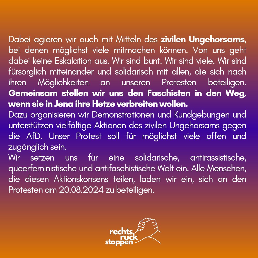 rechtsruckstopp's tweet photo. Wenn der Faschist Björn Höcke am 20.08.2024 nach Jena kommt, werden wir uns ihm und seiner menschenfeindlichen Hetze widersetzen.  
Lasst uns den Rechten den Raum nehmen und Orte der Solidarität, Vielfalt und Menschlichkeit schaffen.  
Bunt, entschlossen, gemeinsam. https://t.co/l6zBgbIFS5
