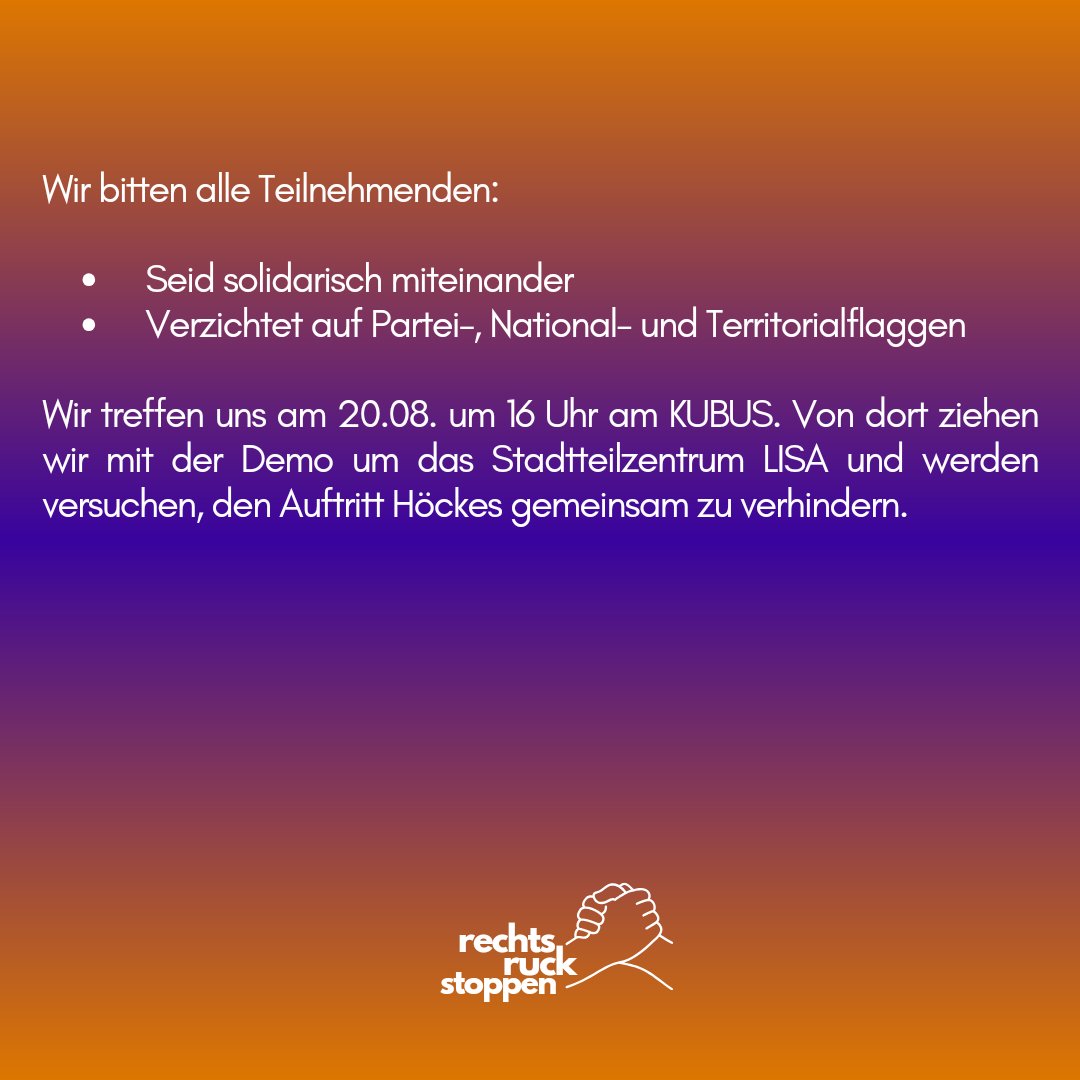 rechtsruckstopp's tweet photo. Wenn der Faschist Björn Höcke am 20.08.2024 nach Jena kommt, werden wir uns ihm und seiner menschenfeindlichen Hetze widersetzen.  
Lasst uns den Rechten den Raum nehmen und Orte der Solidarität, Vielfalt und Menschlichkeit schaffen.  
Bunt, entschlossen, gemeinsam. https://t.co/l6zBgbIFS5