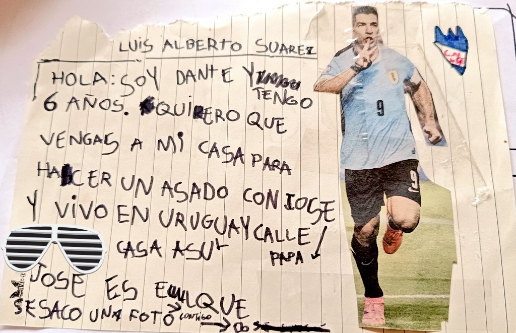 Jose3v3's tweet photo. Hola @LuisSuarez9 
Te mando una cartita. Te paso la dirección por privado si llegas a venir. 
No traigas nada, compro yo y dividimos luego.
También manda saludos a @Nacional https://t.co/XujXtuTbtk