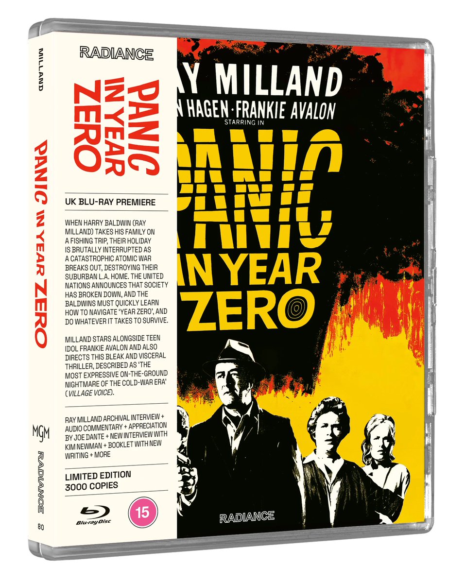 disc_connected's tweet photo. ***ANNOUNCEMENT***
Coming on November 18th in the UK on Blu-ray from @FilmsRadiance: #PanicInYearZero (1962)!
When Harry Baldwin (Ray Milland, The Lost Weekend) takes his family on a fishing trip, their holiday is brutally interrupted as a catastrophic atomic war breaks out, destroying their suburban Los Angeles home. What remains of the United Nations announces on the radio that society has broken down, and the Baldwins realise that they must quickly learn how to navigate this new ‘year zero’, and do whatever it takes in order to survive. Milland stars alongside teen idol Frankie Avalon as well as directing this bleak and visceral apocalypse thriller, described as ‘the most expressive on-the-ground nightmare of the cold-war era’ (Village Voice).
LIMITED EDITION BLU-RAY SPECIAL FEATURES
Mastered in HD from the 35mm fine grain positive by MGM
Uncompressed mono PCM audio
Audio commentary by critic Richard Harland Smith (2016)
New interview with Kim Newman (2024)
Ray Milland archival interview (1972)
Atomic Shock! - An interview with filmmaker Joe Dante (2016, 9 mins)
Trailer
Optional English subtitles for the deaf and hard of hearing
Reversible sleeve featuring designs based on original posters
Limited edition booklet featuring new writing by film critic Christina Newland
Limited edition of 3000 copies, presented in full-height Scanavo packaging with removable OBI strip leaving packaging free of certificates and markings
https://t.co/joXEiAeLUD
#BluRay #PhysicalMedia #BluRays #BoutiqueBluRay #CultMovies #DiscConnected #Radiance #RadianceFilms #RayMilland #FrankieAvalon