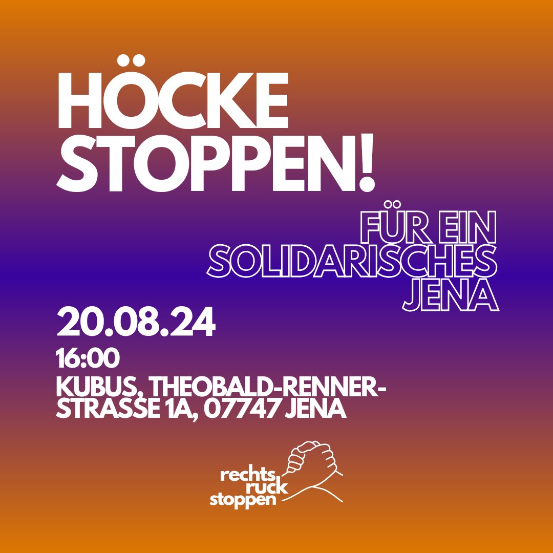 rechtsruckstopp's tweet photo. Wenn der Faschist Björn Höcke am 20.08.2024 nach Jena kommt, werden wir uns ihm und seiner menschenfeindlichen Hetze widersetzen.  
Lasst uns den Rechten den Raum nehmen und Orte der Solidarität, Vielfalt und Menschlichkeit schaffen.  
Bunt, entschlossen, gemeinsam. https://t.co/l6zBgbIFS5