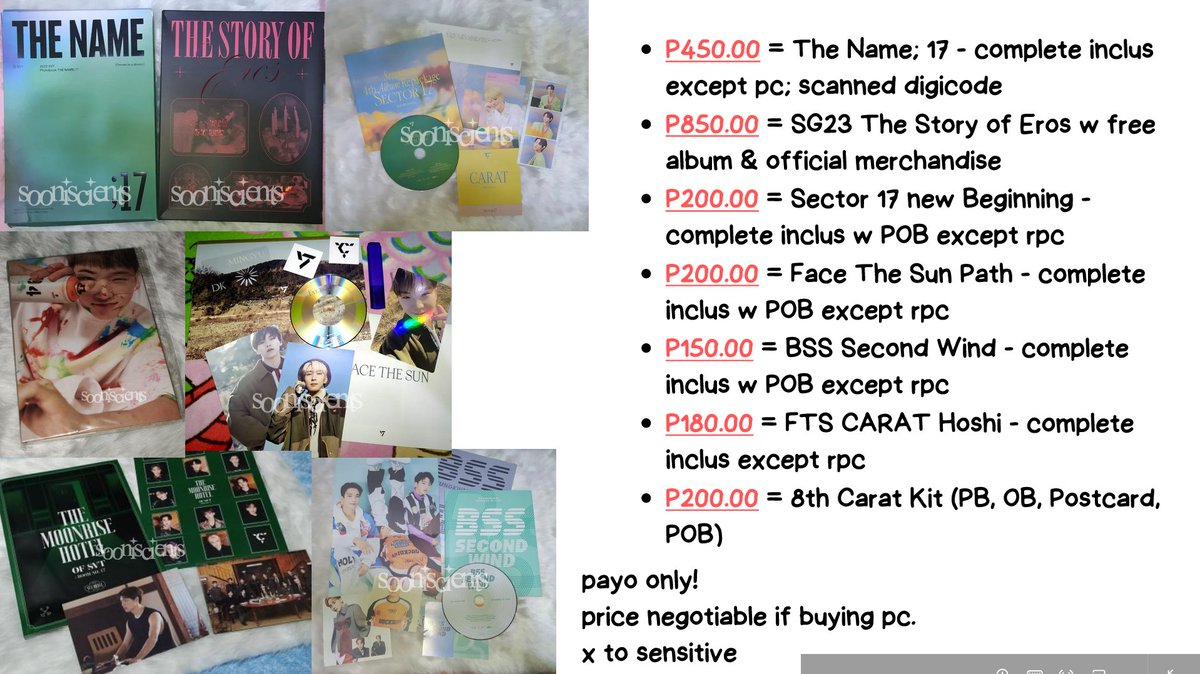 sooniscients's tweet photo. wts lfb album non-album svt

— x to sensitive
— payo only; maya, gcash
— metro manila; mod: jnt, sdd
— dm for more info

seventeen ph sell sg23 tn17 s17 new beginning nb hoshi carat fts face the sun path vernon wonwoo booseoksoon bss second wind sw 8th kit poster pob minghao https://t.co/Pf2kR5STlw