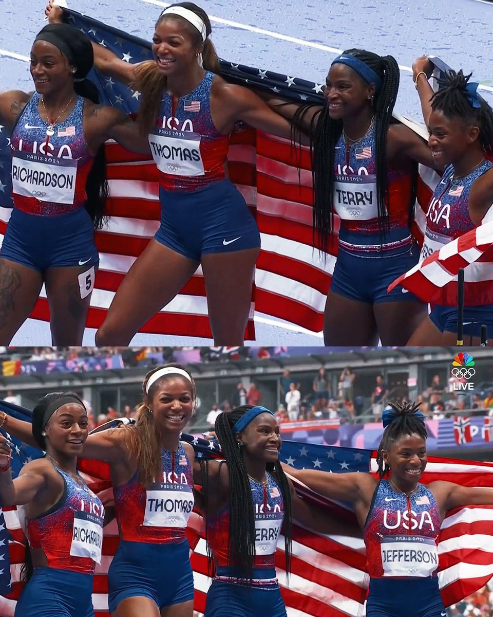 The Team USA Olympic 4x100m CHAMPIONS! #ParisOlympics 🇺🇸

🥇Melissa Jefferson
🥇Twanisha Terry
🥇Gabby Thomas
🥇Sha'Carri Richardson