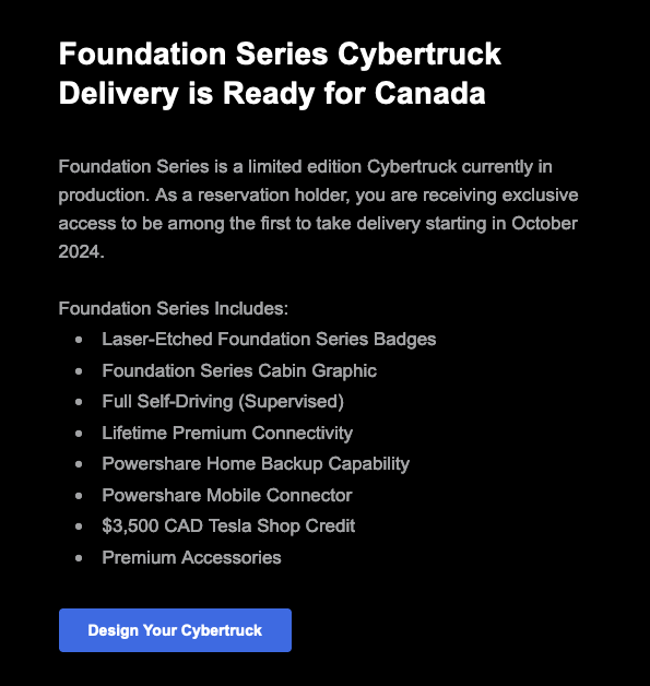 MrDIYca's tweet photo. Got invited to order my Foundation Series #Cybertruck in Canada. 
$150k?   that is HARD pass!   #Tesla https://t.co/pBhMrH1gsz