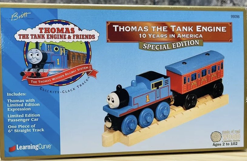 Tangent_Thomas's tweet image. Proof of concept prototype Thomas engine for the Wooden Railway 10 Years in America pack. 

This Thomas is identical to a normal 1999 release with mouth and eye details painted on, similar to the one used for the product photos. The final release also had a plastic smokebox.