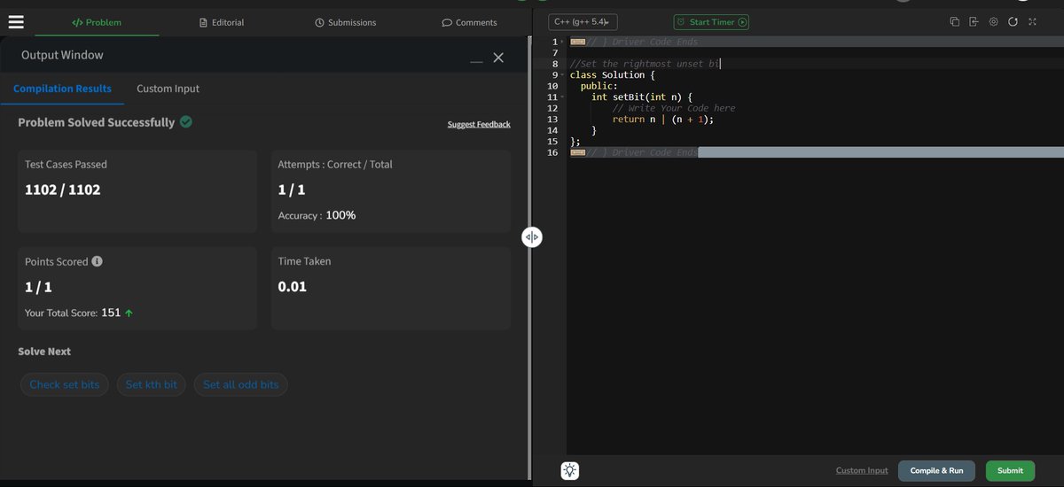 Princeishere0's tweet photo. Day 40 of #100daysofcode Completed with 2 questions of @striver_79 A2Z DSA sheet Questions are:- 
1. Set/Unset the rightmost unset bit.
2. Swap two numbers using bit manipulation. 
(took hints to solve these questions) 
#buildinpublic 
#LearningJourney
#Algorithms 
#DSA https://t.co/k9R3kFNjok