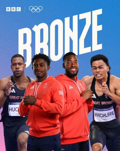 BBCSport's tweet photo. It's BRONZE for @TeamGB in the men's 4x100m relay 🥉

Jeremiah Azu, Louie Hinchliffe, Nethaneel Mitchell-Blake and Zharnel Hughes finish behind Canada in gold and South Africa in silver.

#BBCOlympics #Paris2024 #Olympics https://t.co/FZl1TRIxzj