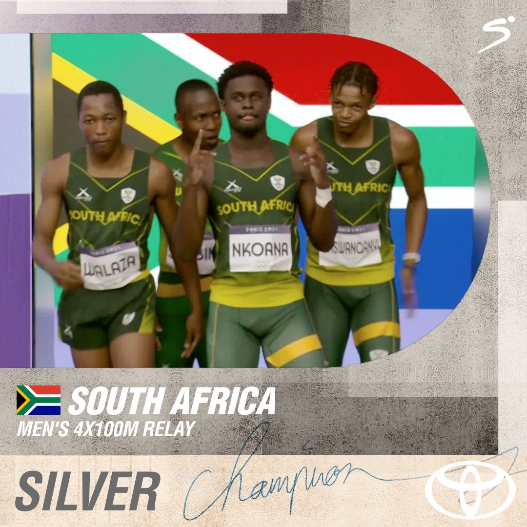 SuperSportTV's tweet image. 🇿🇦 𝗦𝗜𝗟𝗩𝗘𝗥 𝗙𝗢𝗥 𝗦𝗢𝗨𝗧𝗛 𝗔𝗙𝗥𝗜𝗖𝗔 🥈

The team of Walaza, Nkoana, Maswanganyi and Simbine finish second in the Men's 4x100m relay ⚡

Magic from Akani Simbine to take them onto the podium!

#Paris2024 #CloserToYourChampions