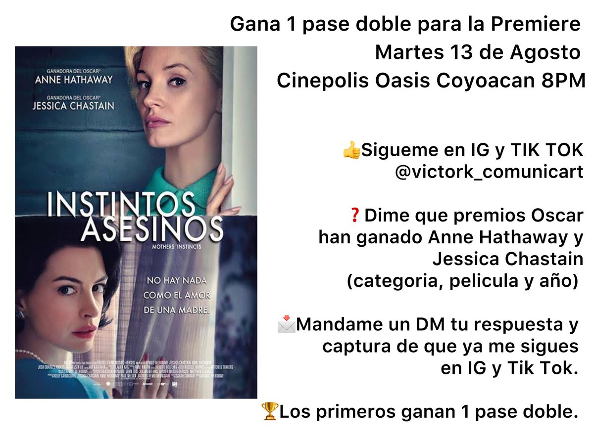 vick_comunicart's tweet photo. ‼️GANA 1 PASE DOBLE‼️ para la premiere de #InstintosAsesinos cortesía de nuestros amigos de @supra_cinema. 
Corranle a mi IG para la dinámica: @victork_comunicart 
#AnnaHathaway #JessicaChastain #Movies #Cine #Premiere #Dinamica https://t.co/wNUkhXwXhv