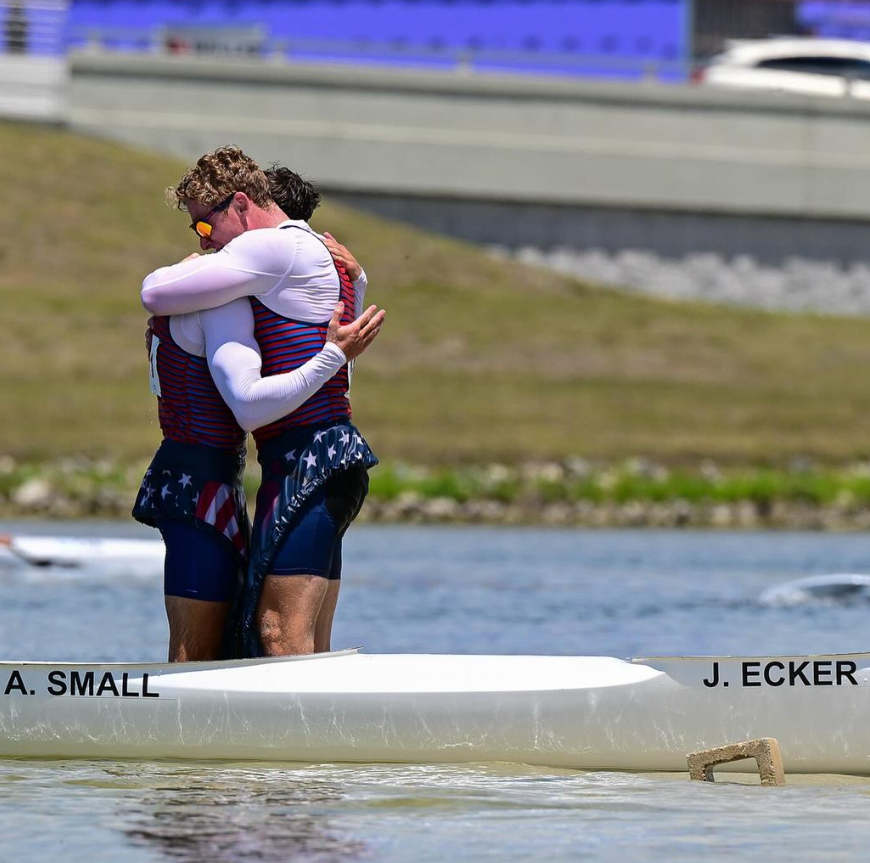 UW's tweet photo. Current UW student Jonas Ecker &amp; Aaron Small made history, becoming the first USA entry in 24 years to reach the Olympic final in Men’s Kayak Double! 🇺🇸 They finished 8th—an incredible feat for two non-varsity athletes who trained in their spare time.  
 #Paris2024 #GoHuskies https://t.co/toXvDt2hkr