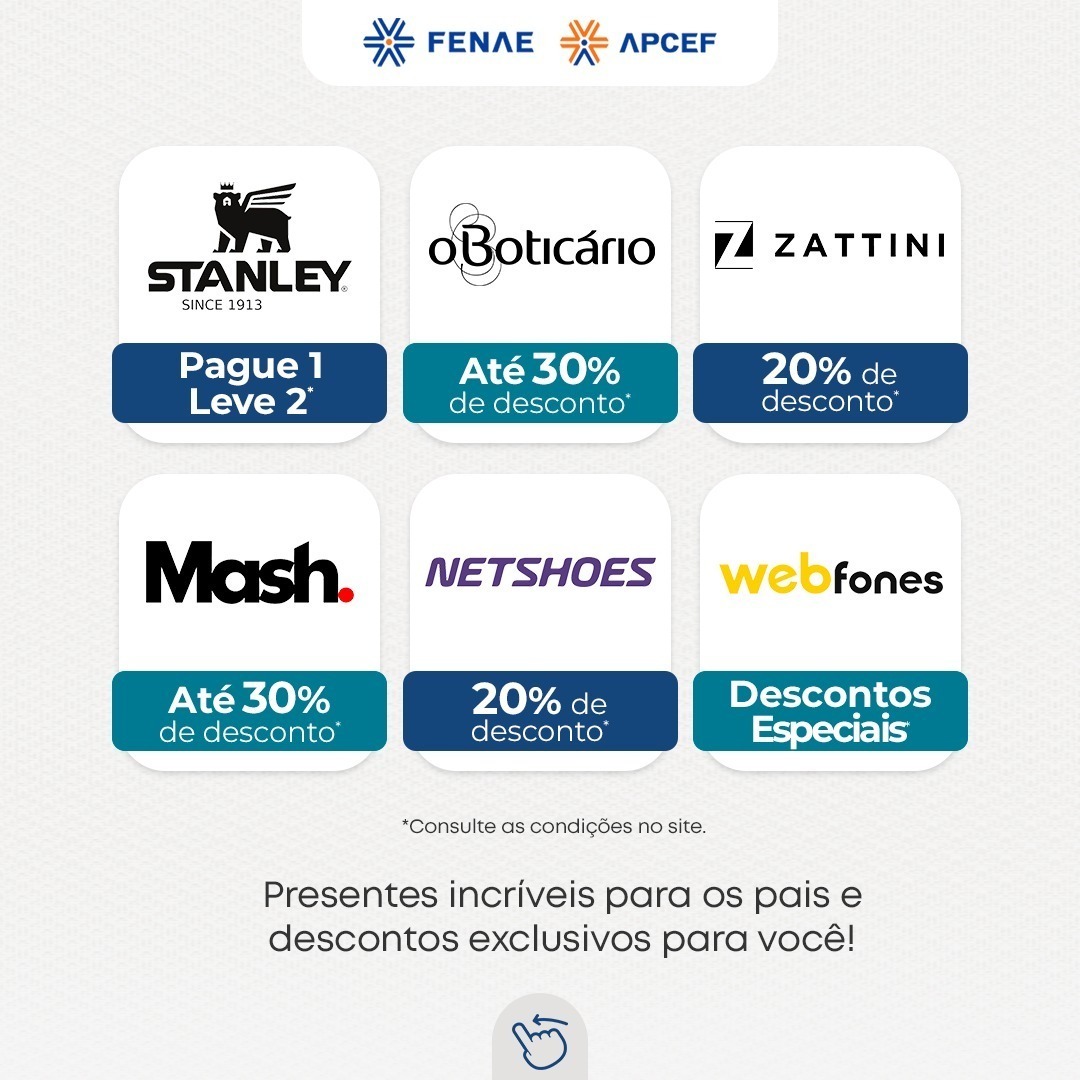 apcefms's tweet photo. 🎁 Se você deixou para comprar o presente do #DiadosPais de última hora, não se preocupe! Acesse a plataforma de convênios da Fenae e Apcefs e encontre presentes incríveis com descontos exclusivos para os associados das Apcefs. https://t.co/ERVbCW4fQR