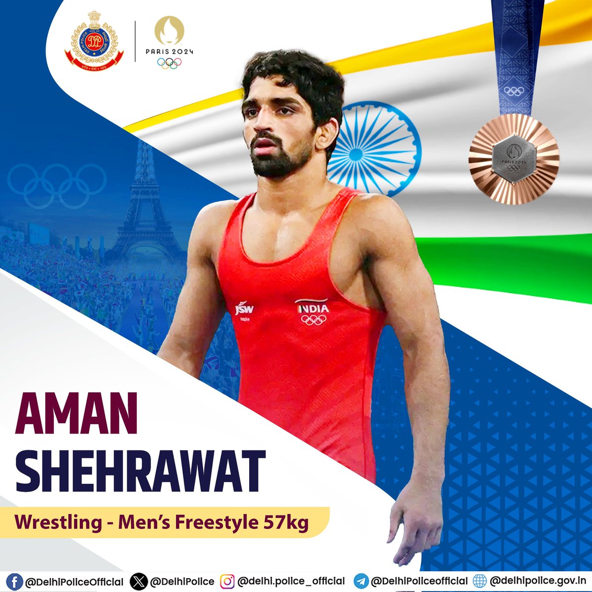 DelhiPolice's tweet photo. 🥉 Another Win for India! 🇮🇳

🤼‍♂Applause to Aman Shehrawat for the Bronze in 57 kg Men's freestyle wrestling at #ParisOlympics2024! 🤼 https://t.co/DwrfnRdXC8
