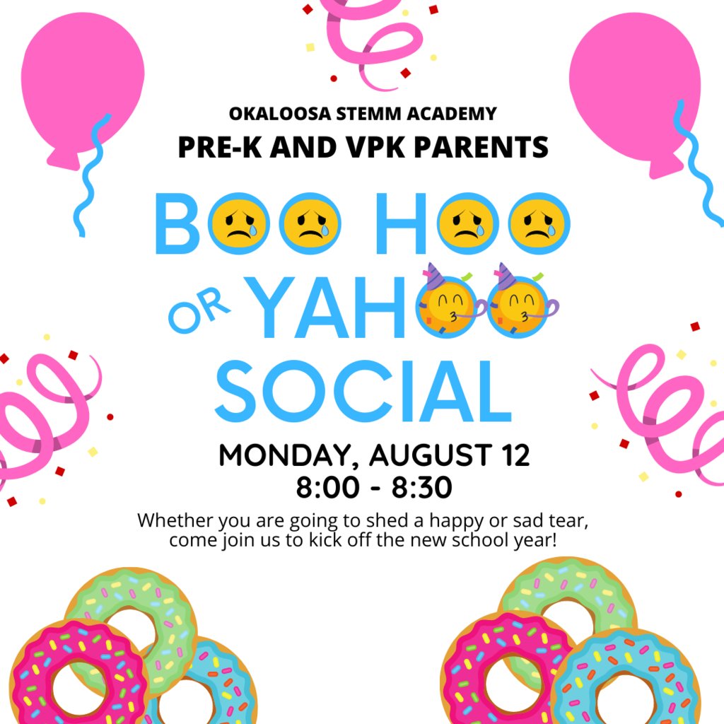 Parents, will you boo hoo or yahoo that your child is starting Prek or VPK? Whether you are going to shed a happy cheer or a sad tear, come join us for coffee and fellowship at 8:00 on August 12 to kick off the new school year!