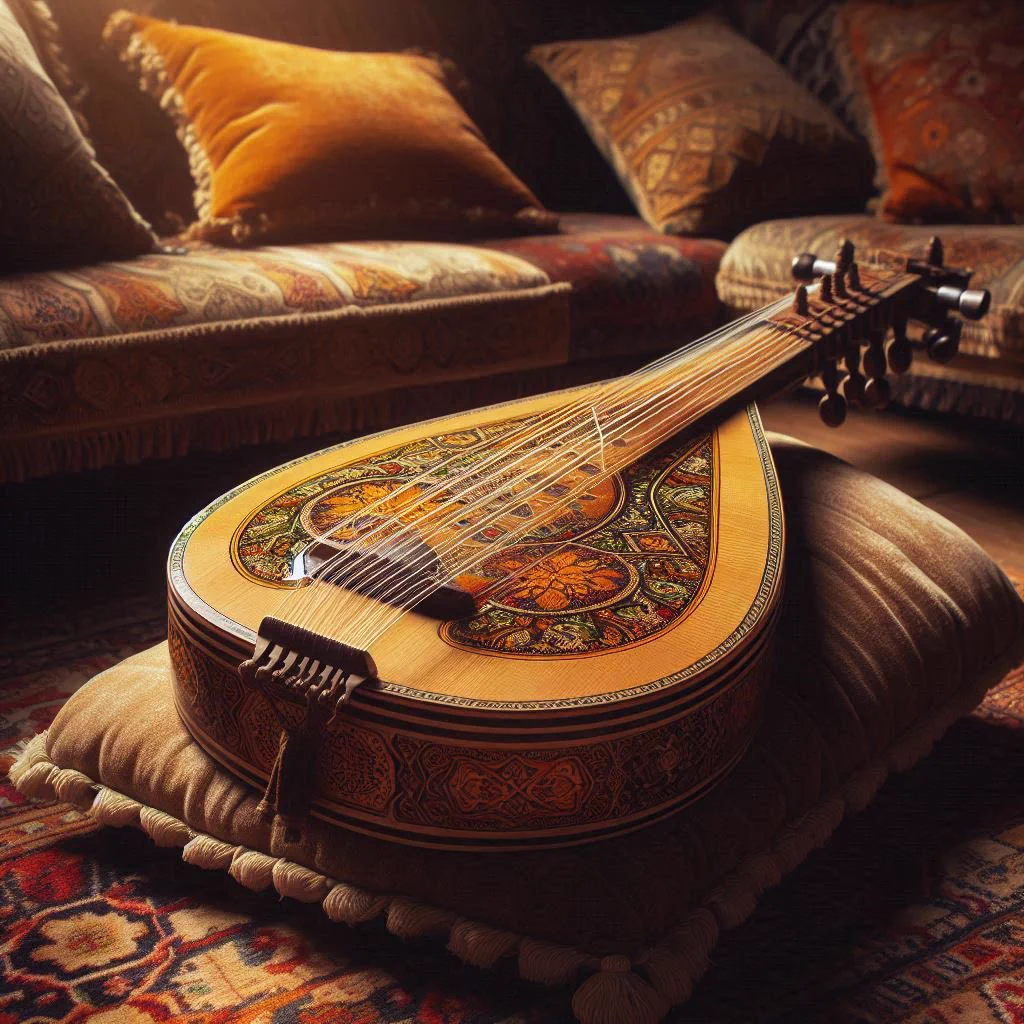 Imagine each note of the barbat infusing the intricate beauty of Persian rug patterns with life. As the musician's fingers dance across the strings, the music flows through the vibrant, complex designs of the rugs, merging the two arts into a new, enchanting world. Each melody and curve of the instrument breathes life into the woven patterns, creating a harmonious blend of sound and visual splendor.