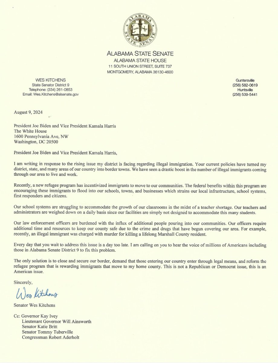 Due to the policies of the Biden-Harris Administration every state and community has become a border town. 
I remain committed to use every available resource including sending this letter to President Joe Biden urging policy changes to keep the citizens of Senate District 9 safe