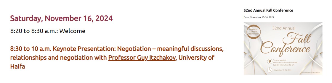 GuyItzchakov's tweet image. Excited to deliver the keynote at the 52nd Criminal Lawyers' Association Conference! I’ll be talking about the vital role of high-quality #listening in #negotiations—a game-changer for success.